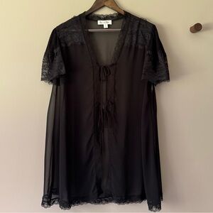 CRISTIAN DIOR SHEER KIMONO ROBE WITH LACE BLACK EUC VINTAGE SEE MEASUREMENTS